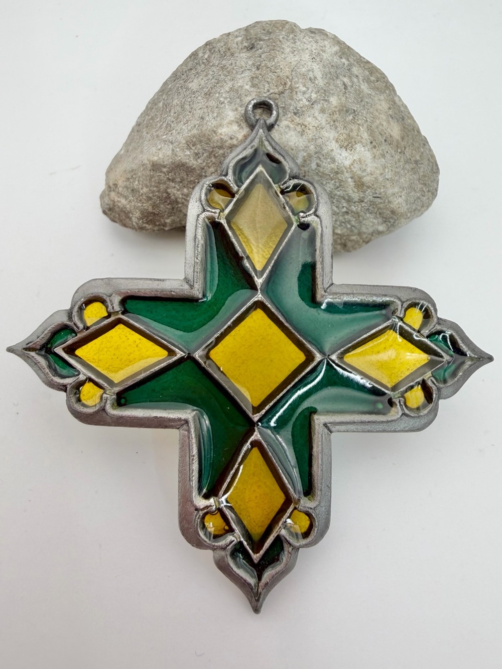 Handcrafted Green and Yellow Enamel Cross Art Pendant